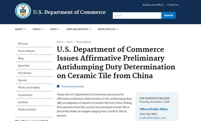 美国对中国瓷砖反倾销初裁结果公布，倾销幅度最高356.02％
